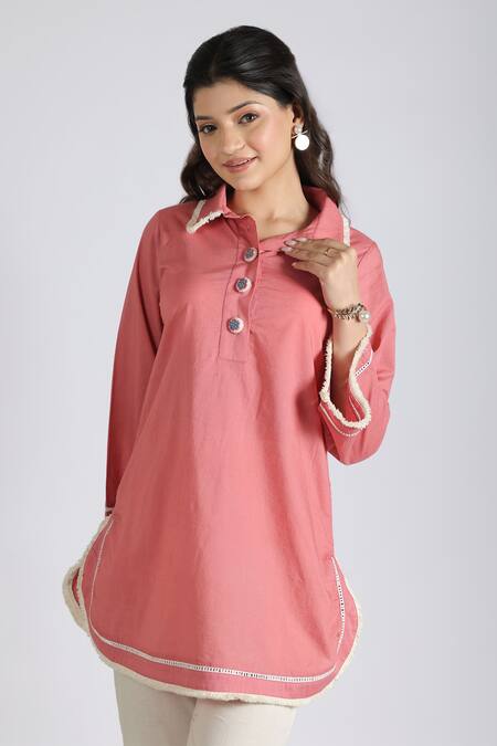 Grass & Sunshine Coral Cotton Embroidery Mandarin Collar Modern Kurta Set at Aza Fashions Grass & Sunshine_Coral Cotton Embroidery Mandarin Collar Modern Kurta Set _at_Aza_Fashions