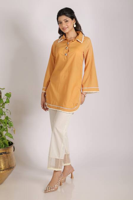 Shop_Grass & Sunshine_Mustard Cotton Collared Modern Sunshine Kurta Set _Online_at_Aza_Fashions