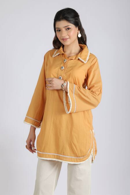Grass & Sunshine_Mustard Cotton Collared Modern Sunshine Kurta Set _at_Aza_Fashions