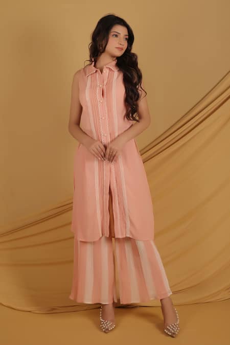 Grass & Sunshine Peach Cotton Embroidery Collared Sleeveless Summer Kurta Set 