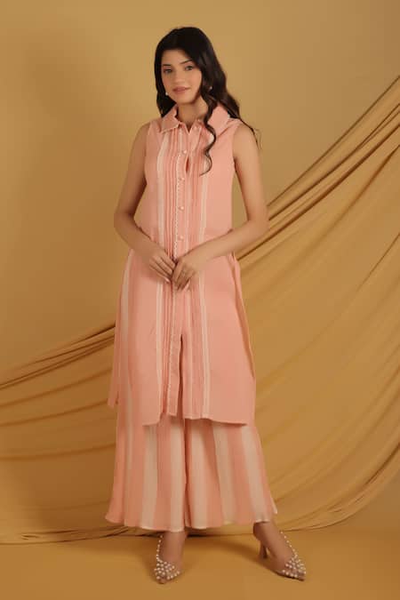 Buy_Grass & Sunshine_Peach Cotton Embroidery Collared Sleeveless Summer Kurta Set _Online_at_Aza_Fashions