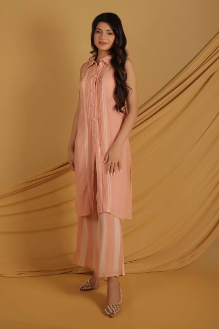 Grass & Sunshine_Peach Cotton Embroidery Collared Sleeveless Summer Kurta Set _at_Aza_Fashions