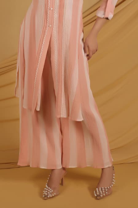Grass & Sunshine_Peach Cotton, Crepe Lace Collared Stripe Sunrise Kurta And Pant Set _Online_at_Aza_Fashions