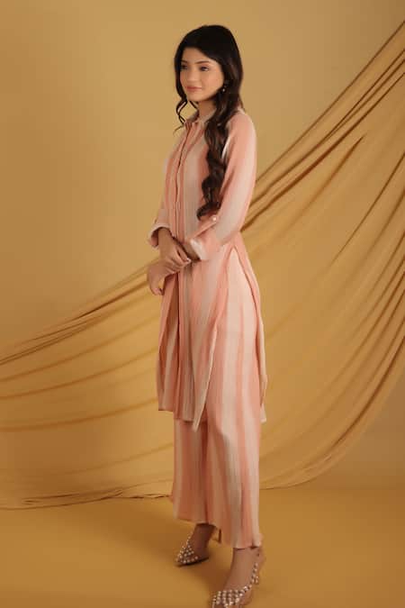Buy_Grass & Sunshine_Peach Cotton, Crepe Lace Collared Stripe Sunrise Kurta And Pant Set _Online_at_Aza_Fashions