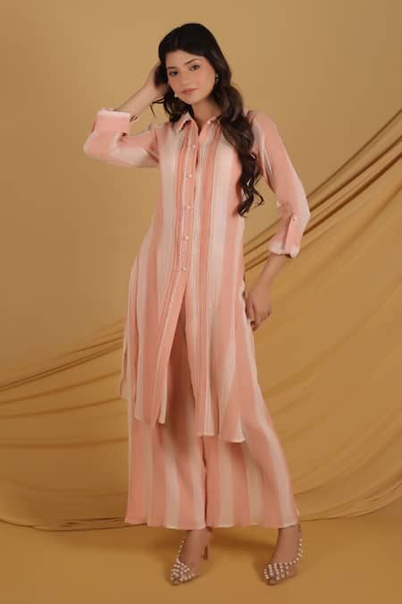Grass & Sunshine Peach Cotton, Crepe Lace Collared Stripe Sunrise Kurta And Pant Set 