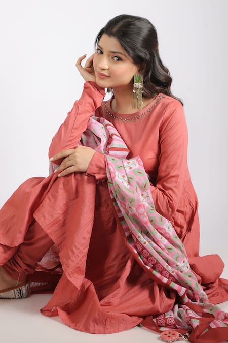 Shop_Grass & Sunshine_Coral Cotton Embroidery Round Neck Flora Bloom Anarkali Set _Online_at_Aza_Fashions