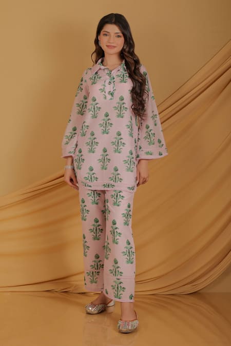 Grass & Sunshine Pink Cotton, Silk Collared Rosebud Garden Co-ord Set 