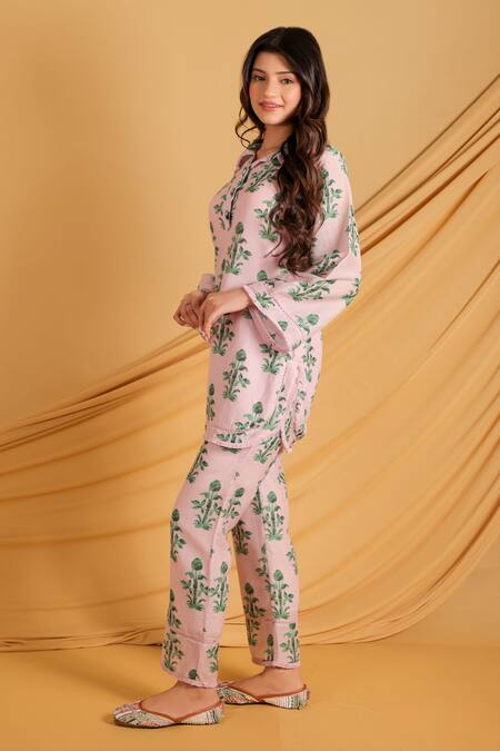 Grass & Sunshine_Pink Cotton, Silk Collared Rosebud Garden Co-ord Set _Online_at_Aza_Fashions