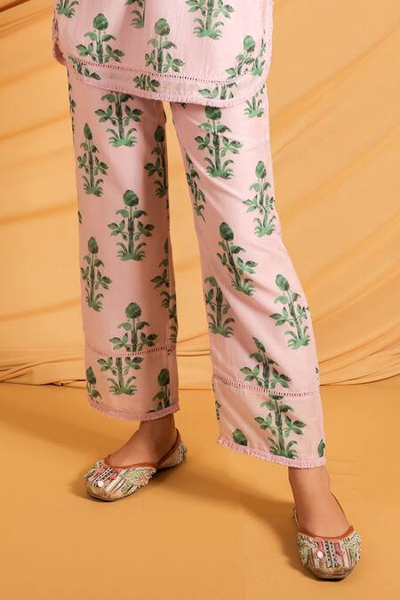 Buy_Grass & Sunshine_Pink Cotton, Silk Collared Rosebud Garden Co-ord Set _Online_at_Aza_Fashions