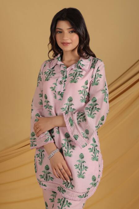 Shop_Grass & Sunshine_Pink Cotton, Silk Collared Rosebud Garden Co-ord Set _Online_at_Aza_Fashions