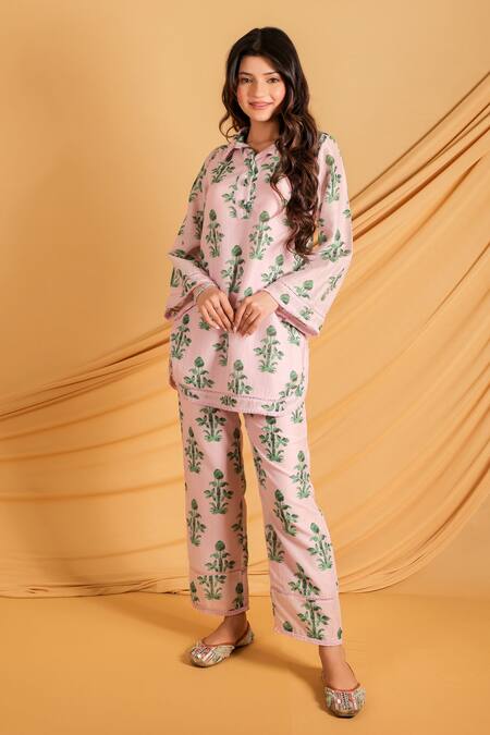 Grass & Sunshine_Pink Cotton, Silk Collared Rosebud Garden Co-ord Set _at_Aza_Fashions