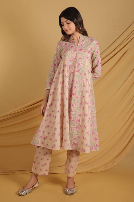 Shop_Grass & Sunshine_Beige Cotton Collared Spring Meadow Kurta And Pant Set _Online_at_Aza_Fashions