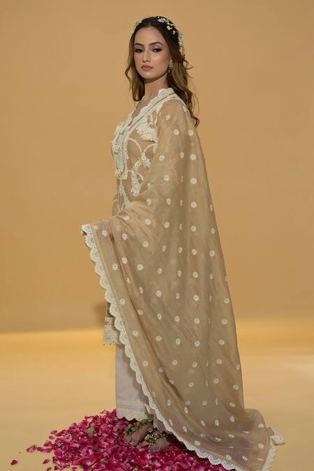 Rachit Khanna_Beige Chanderi Cotton Lace, Embroidery V-neck Gold Straight Kurta And Pant Set _Online_at_Aza_Fashions