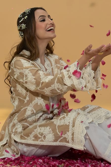 Rachit Khanna_Beige Chanderi Cotton Lace, Embroidery V-neck Gold Straight Kurta And Pant Set _at_Aza_Fashions