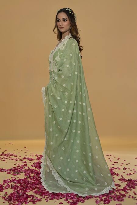 Rachit Khanna_Green Cotton, Lace, Embroidery V-neck Sage Kurta Set _Online_at_Aza_Fashions