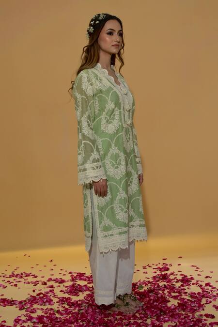 Buy_Rachit Khanna_Green Cotton, Lace, Embroidery V-neck Sage Kurta Set _Online_at_Aza_Fashions