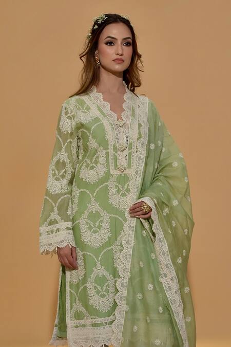 Shop_Rachit Khanna_Green Cotton, Lace, Embroidery V-neck Sage Kurta Set _Online_at_Aza_Fashions