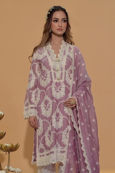 Rachit Khanna Purple Chanderi , Embroidery, Lace Mauve Straight Kurta And Pant Set Online at Aza Fashions Rachit Khanna_Purple Chanderi , Embroidery, Lace Mauve Straight Kurta And Pant Set _Online_at_Aza_Fashions