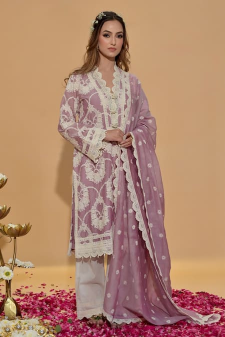 Buy_Rachit Khanna_Purple Chanderi , Embroidery, Lace Mauve Straight Kurta And Pant Set _Online_at_Aza_Fashions