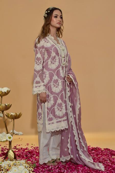 Shop_Rachit Khanna_Purple Chanderi , Embroidery, Lace Mauve Straight Kurta And Pant Set _Online_at_Aza_Fashions