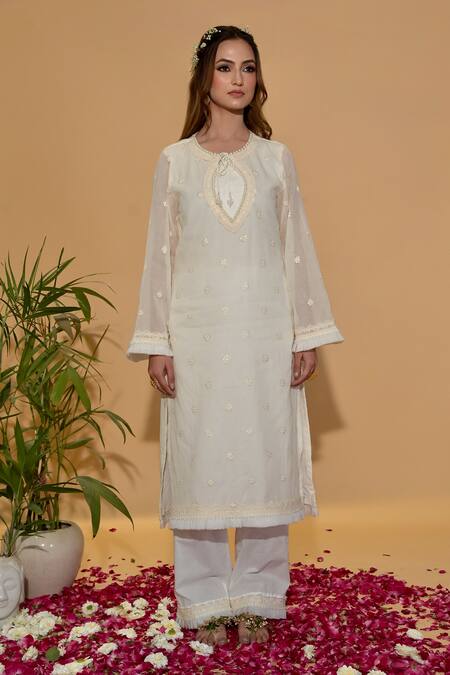 Rachit Khanna_White Chanderi Cotton, Organza Pearls, Lace Keyhole Neck Straight Kurta Set _at_Aza_Fashions