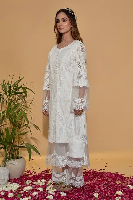 Shop_Rachit Khanna_White Chanderi Cotton, Organza Pearls, Lace Round Neck Cutwork Kurta Set _Online_at_Aza_Fashions