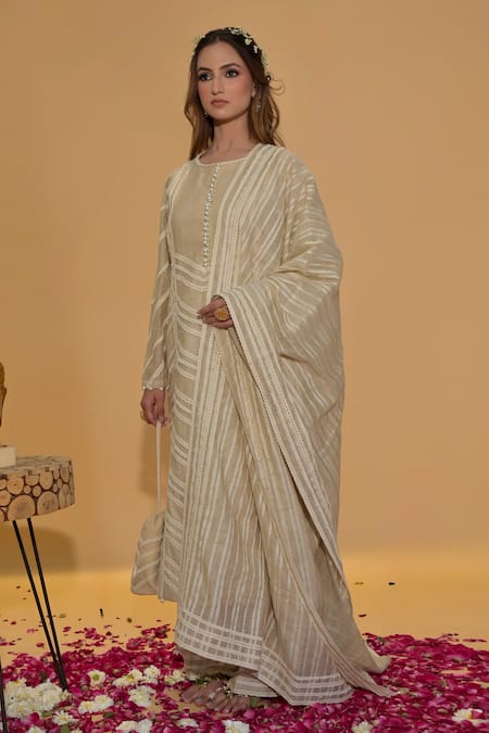 Rachit Khanna_Beige Chanderi Cotton Embroidery, Lace, Pearls Round Neck Khakhi Work Kurta Set _Online_at_Aza_Fashions