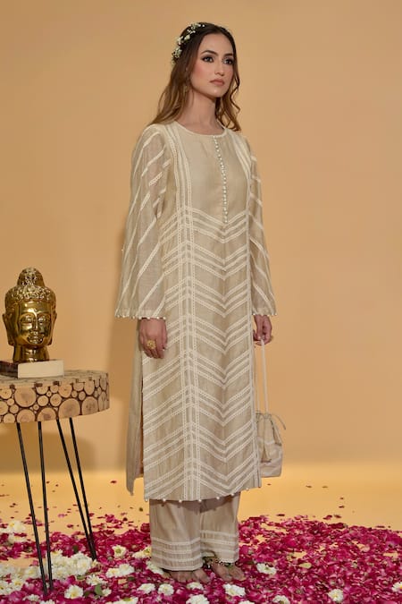 Shop_Rachit Khanna_Beige Chanderi Cotton Embroidery, Lace, Pearls Round Neck Khakhi Work Kurta Set _Online_at_Aza_Fashions