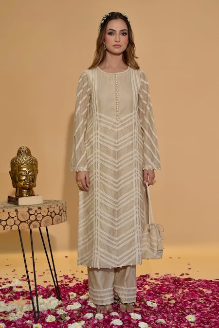 Rachit Khanna_Beige Chanderi Cotton Embroidery, Lace, Pearls Round Neck Khakhi Work Kurta Set _at_Aza_Fashions