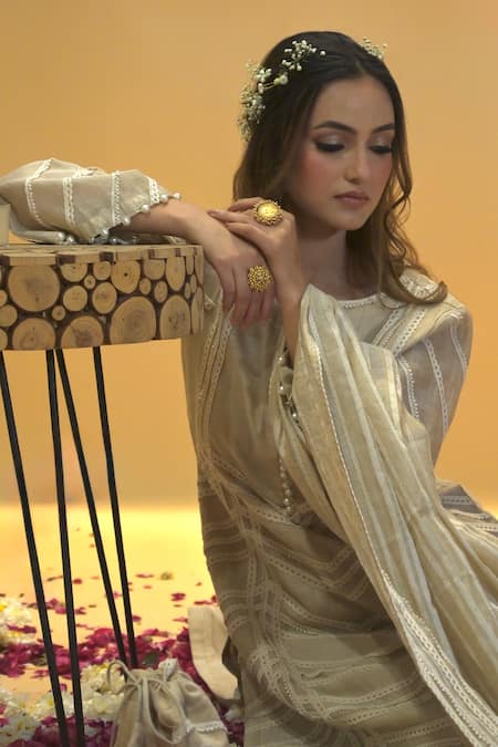 Buy_Rachit Khanna_Beige Chanderi Cotton Embroidery, Lace, Pearls Round Neck Khakhi Work Kurta Set 