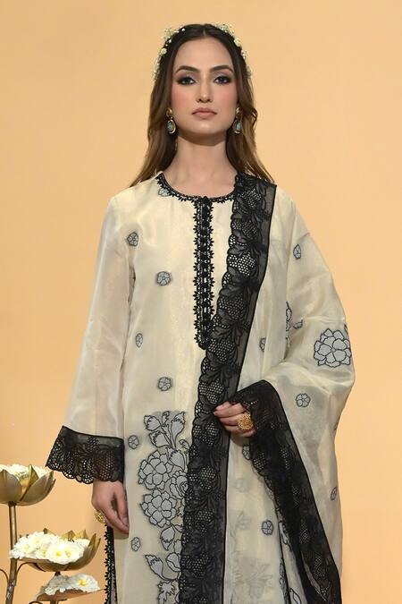 Buy_Rachit Khanna_Beige Organza, Cotton Lace Round Neck Gold Kurta Set _Online_at_Aza_Fashions