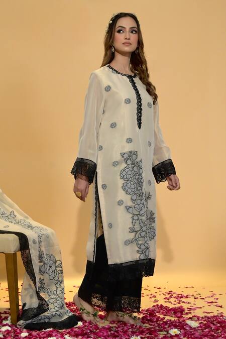 Shop_Rachit Khanna_Beige Organza, Cotton Lace Round Neck Gold Kurta Set _Online_at_Aza_Fashions