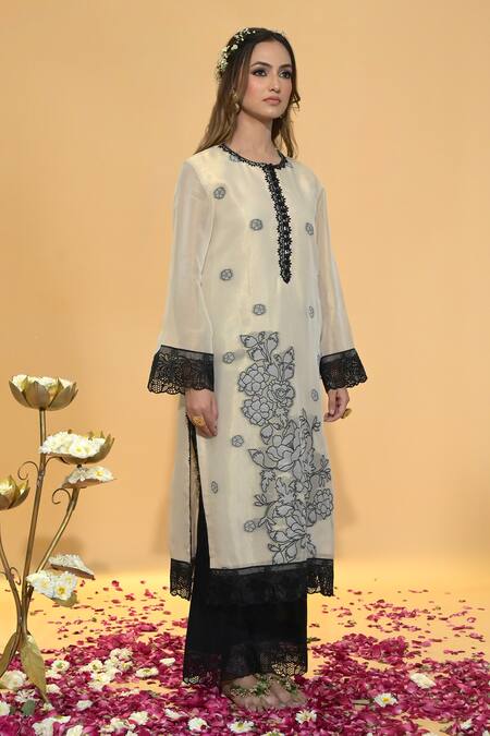 Rachit Khanna_Beige Organza, Cotton Lace Round Neck Gold Kurta Set _at_Aza_Fashions