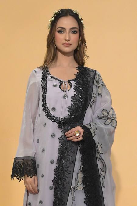 Rachit Khanna_Lavender Organza, Cotton Lace Round Neck Straight Kurta Set _Online_at_Aza_Fashions