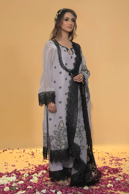 Buy_Rachit Khanna_Lavender Organza, Cotton Lace Round Neck Straight Kurta Set _Online_at_Aza_Fashions