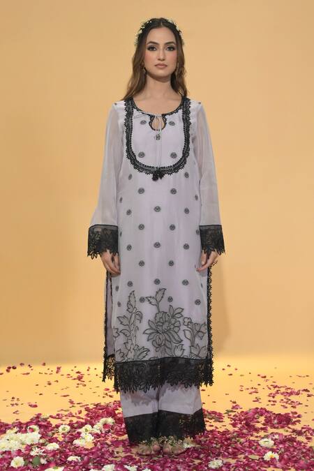 Shop_Rachit Khanna_Lavender Organza, Cotton Lace Round Neck Straight Kurta Set _Online_at_Aza_Fashions