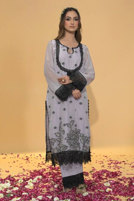 Rachit Khanna_Lavender Organza, Cotton Lace Round Neck Straight Kurta Set _at_Aza_Fashions