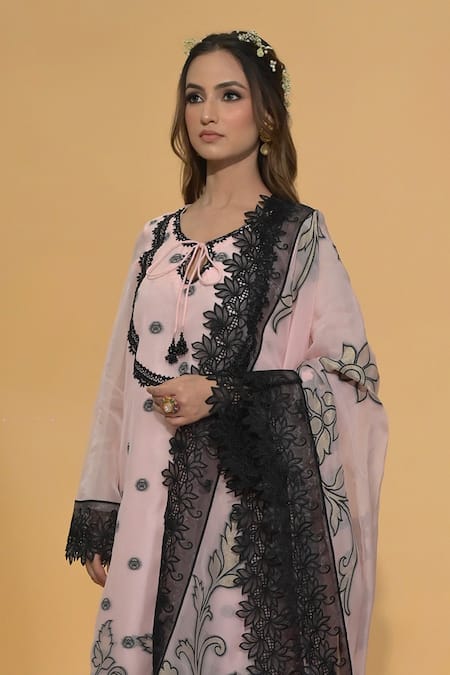Rachit Khanna_Blush Cotton, Organza Lace Round Neck Pink Kurta Set _Online_at_Aza_Fashions