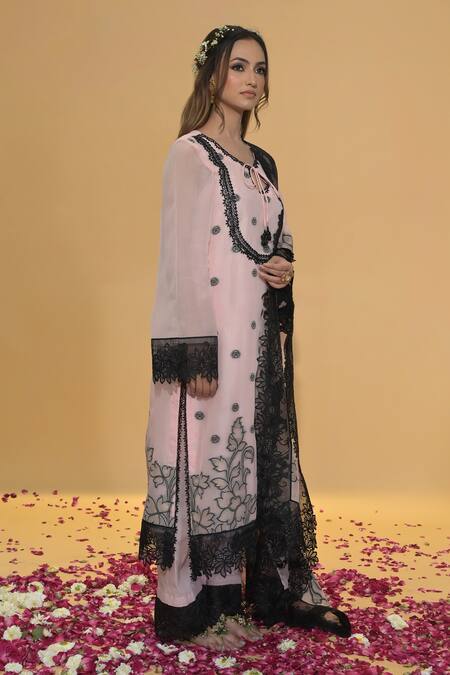 Shop_Rachit Khanna_Blush Cotton, Organza Lace Round Neck Pink Kurta Set _Online_at_Aza_Fashions