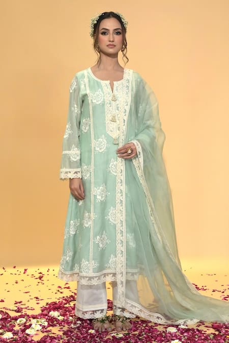 Rachit Khanna Green Chanderi Cotton, Organza Lace, Embroidery Round Sage Aline Kurta Set 