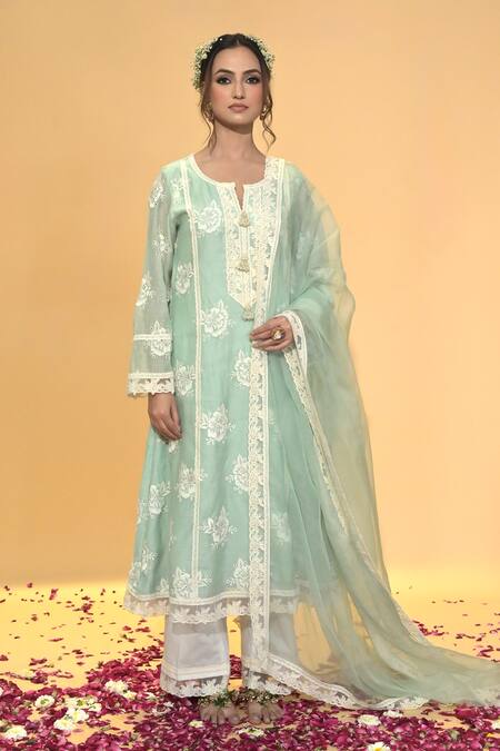 Rachit Khanna_Green Chanderi Cotton, Organza Lace, Embroidery Round Sage Aline Kurta Set _Online_at_Aza_Fashions