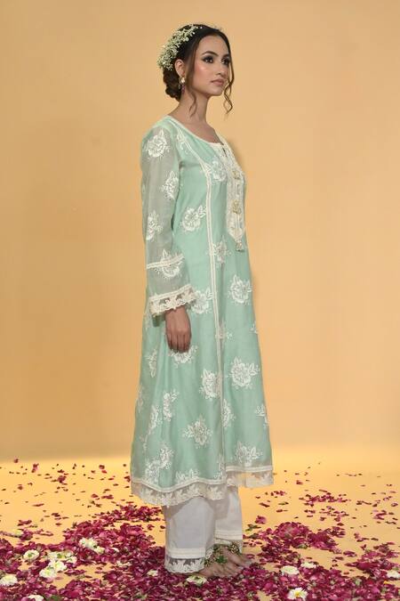 Buy_Rachit Khanna_Green Chanderi Cotton, Organza Lace, Embroidery Round Sage Aline Kurta Set _Online_at_Aza_Fashions