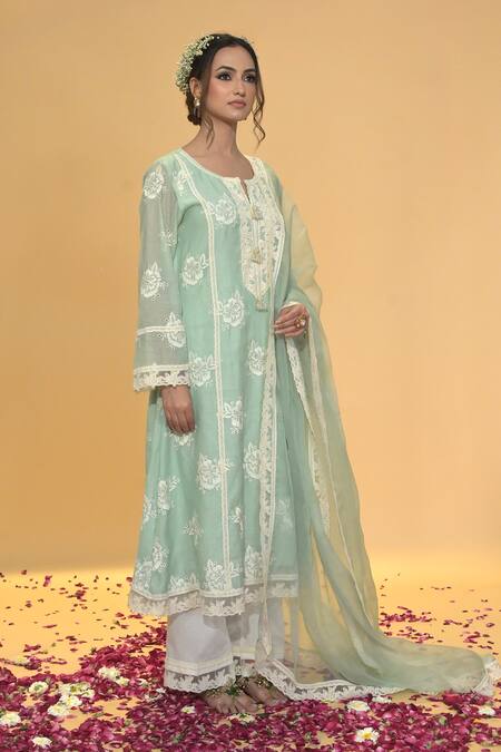 Shop_Rachit Khanna_Green Chanderi Cotton, Organza Lace, Embroidery Round Sage Aline Kurta Set _Online_at_Aza_Fashions