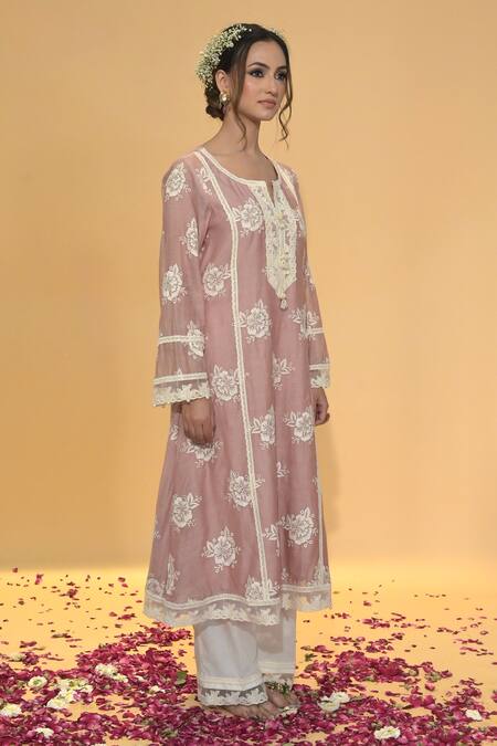 Rachit Khanna_Rose Gold Chanderi Cotton, Cotton, Organza Lace, Dark Aline Kurta Set _Online_at_Aza_Fashions