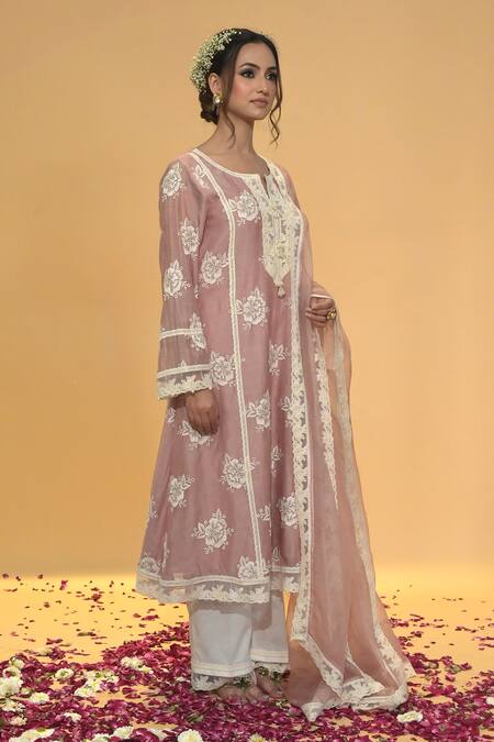 Buy_Rachit Khanna_Rose Gold Chanderi Cotton, Cotton, Organza Lace, Dark Aline Kurta Set _Online_at_Aza_Fashions