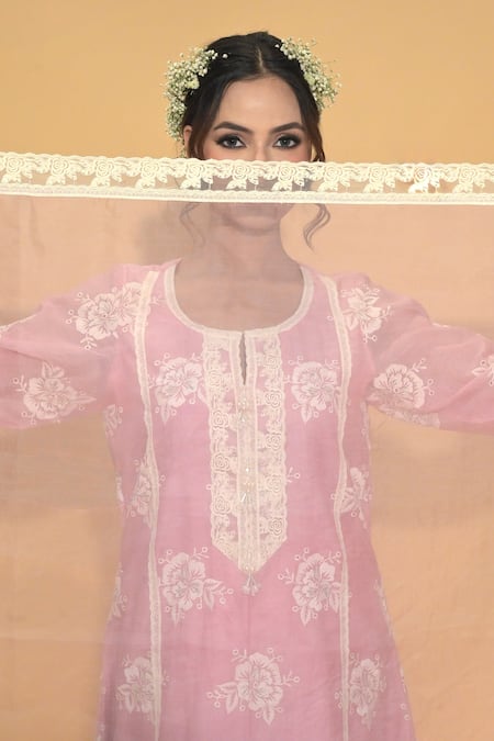 Rachit Khanna_Blush Chanderi Cotton, Cotton, Organza Embroidery, Lace Pink A Line Kurta Set _Online_at_Aza_Fashions