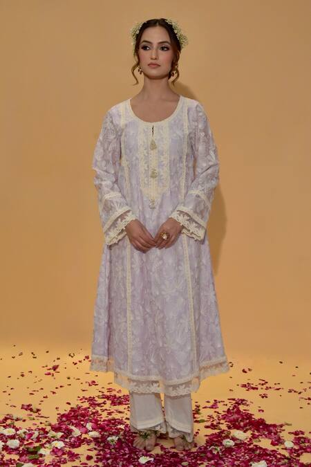 Rachit Khanna_Purple Chanderi Cotton, Organza Lace, Lavender A Line Kurta And Pants Set _Online_at_Aza_Fashions