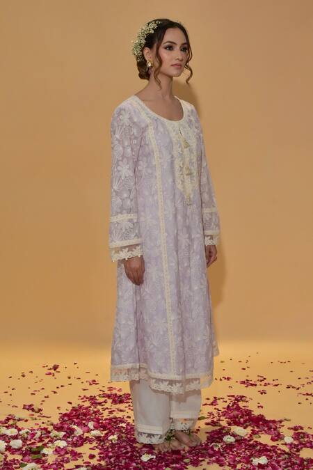 Buy_Rachit Khanna_Purple Chanderi Cotton, Organza Lace, Lavender A Line Kurta And Pants Set _Online_at_Aza_Fashions