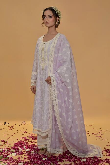 Shop_Rachit Khanna_Purple Chanderi Cotton, Organza Lace, Lavender A Line Kurta And Pants Set _Online_at_Aza_Fashions