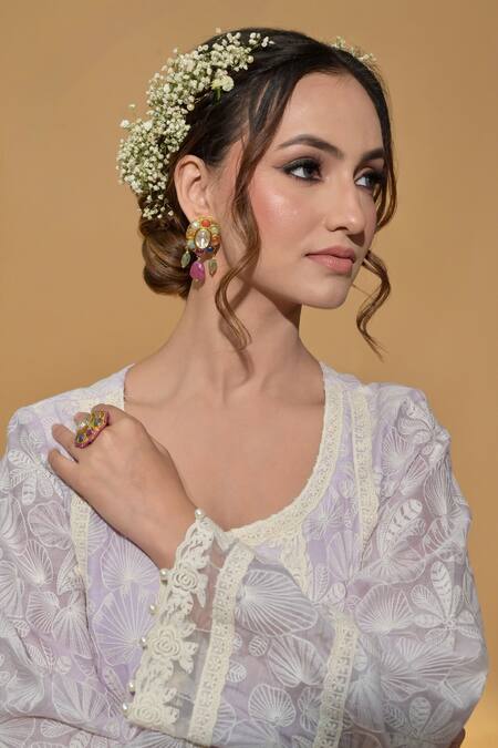 Buy_Rachit Khanna_Purple Chanderi Cotton, Organza Lace, Lavender A Line Kurta And Pants Set 